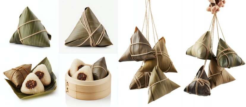Various types of traditional zongzi on white background food chinese