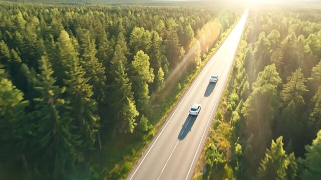 Aerial view of two cars driving on a road through a lush green forest with sunlight.
