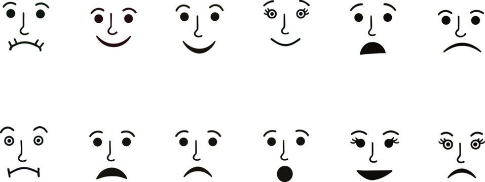 A collection of various cartoon faces with different expressions and emotions