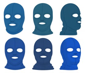 Obraz premium Blue ski masks in various shades and angles on white background balaclavas