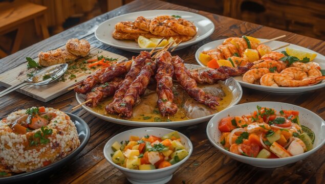 Seafood dishes: shrimp, salmon, red snapper, mofongo, fried fish, skewered shrimp, ceviche, octopus