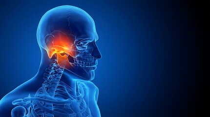 3D illustration of a human head and neck with highlighted pain area.