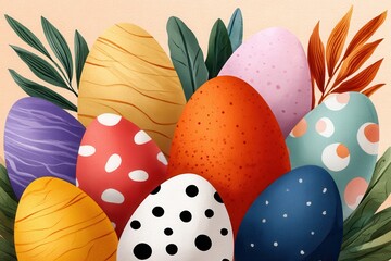 Obraz premium Colorful Easter eggs arranged with spring foliage for festive holiday decoration and celebration