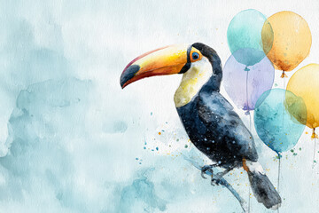 Fototapeta premium Colorful Toucan with Balloons in Watercolor Style