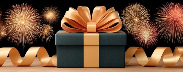 Obraz premium Elegant black gift box with golden ribbon and fireworks celebrating a luxury festive occasion