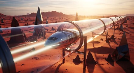 Fototapeta premium Futuristic Speed Train Traveling Through a Transparent Tube in a Desert Landscape with Pyramid Structures