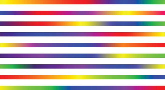 Flat editable vector illustration. Colorful rainbow gradient background. Horizontal neon spectrum stripes. Seamless parallel line pattern. Retro pop art print cover. 