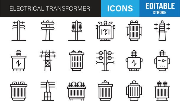 Electrical engineering transformer line icons minimal editable stroke set