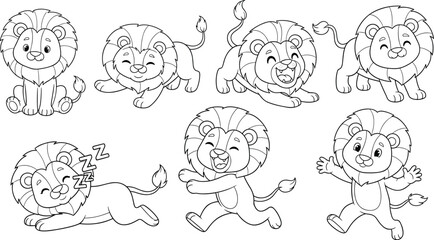 Set of cute lion character line art in various poses including sleeping running and sitting for children coloring book and animal design. © munzuara