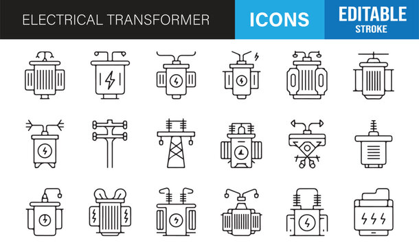 Power grid and electrical equipment outline icons editable vector pack