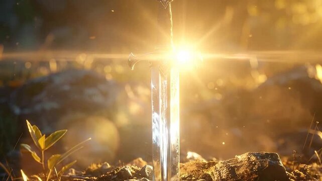 A gleaming sword, embedded in the earth, bathed in golden sunlight, a symbol of power.