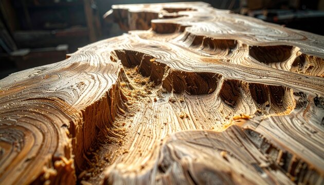 Close-up of a intricately gouged wood surface, revealing the deep marks of a carving tool and its raw, organic texture under ambient light.