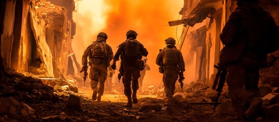 Naklejka premium Soldiers in a destroyed city, after the war, smoke, ruins, conflict zone