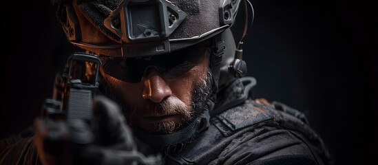 Naklejka premium soldier pointing a weapon on the battlefield