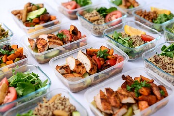 Several prepared healthy meals in individual containers are displayed on a white surface.