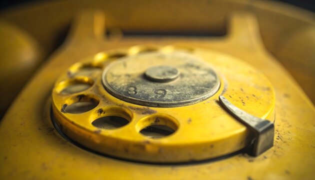 Macro close up of a textured faded yellow plastic dial on an antique rotary telephone.