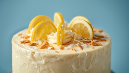 Cake with Lemon and Coconut.Homemade Cakes on a Blue Background.Copy space for Text. selective focus