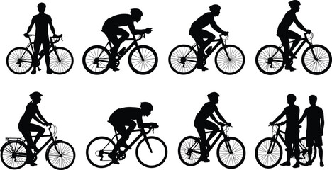 Naklejka premium Set of Professional Cyclist Silhouettes Featuring Road Bikes Mountain Biking Racing and Casual Riding Representing Athletic Fitness Outdoor Exercise Healthy Lifestyle and Competitive Cycling Sports