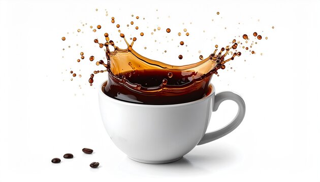 realistic photo of cup of black coffee splash effect
isolated on pure white background, high speed photography, 8k