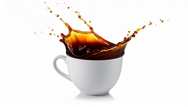 realistic photo of cup of black coffee splash effect
isolated on pure white background, high speed photography, 8k