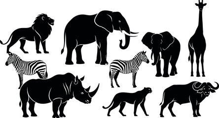 Fototapeta premium Silhouette of various african animals including elephant zebra and giraffe in black on white background silhouette