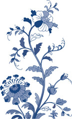 Ornate blue floral vector with climbing vines and delicate blossoms for classic textile stationary and elegant background © Md