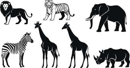Silhouette of various african animals including lion tiger elephant zebra giraffe and rhino in black and white © MSTSHAMSUN