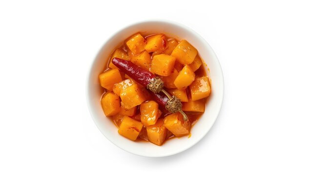 Mango pickle pieces displayed in a white bowl on a white background, viewed from above
