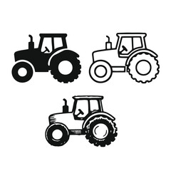 Fototapeta premium Tractor line art and solid fill illustrations in black and white