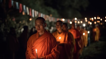 Obraz premium Peaceful Vesak celebration with monks in orange robes holding candles, glowing lights, and festive flags, perfect for conveying spirituality and cultural tradition