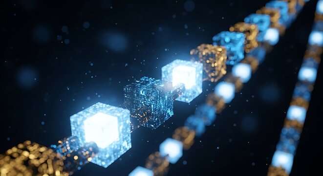Glowing blue and gold cube chain in a dark space with light particles glowing cubes blue cubes gold cubes