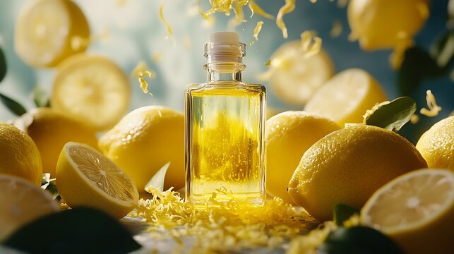 Lemon essential oil in a glass bottle surrounded by fresh lemons and zest.