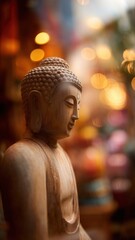 Fototapeta premium Elegant wooden Buddha statue with glowing bokeh lights, evoking peace, mindfulness, and spiritual celebration—perfect for Vesak and Buddhist-inspired creative projects