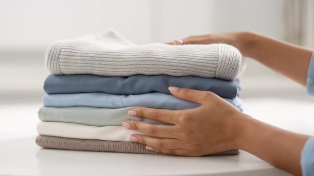 A person neatly stacking folded clothes on a white surface in a tidy and organized manner