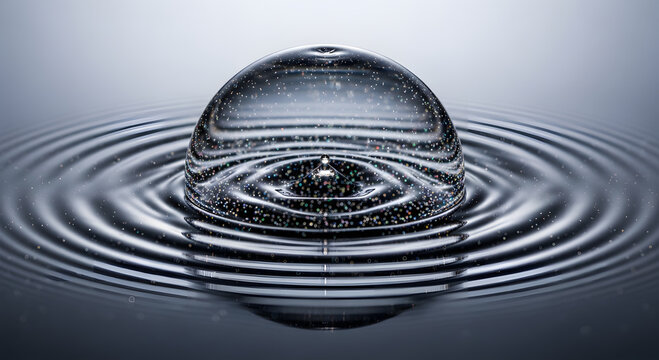 macro view of water surface forming a tension dome and concentric ripple waves after droplet impact illustrating fluid dynamics and surface tension physics in high detail.