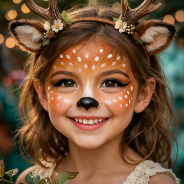 Close-up portrait of a cheerful young girl smiling widely, adorned in charming deer face paint and a festive antler headband with flowers.