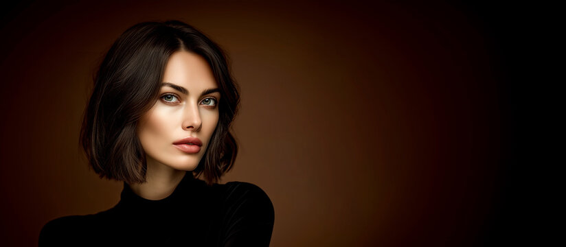 Sophisticated brunette woman with elegant bob hairstyle in a black turtleneck, quiet luxury aesthetic studio portrait with copy space