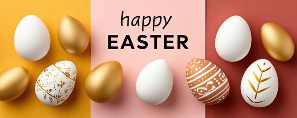 Obraz premium Minimalistic flat-lay of white and gold Easter eggs with decorative patterns on color blocks