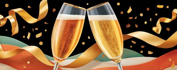 Obraz premium Champagne toast for New Year's Eve with ribbons and confetti in a festive celebration