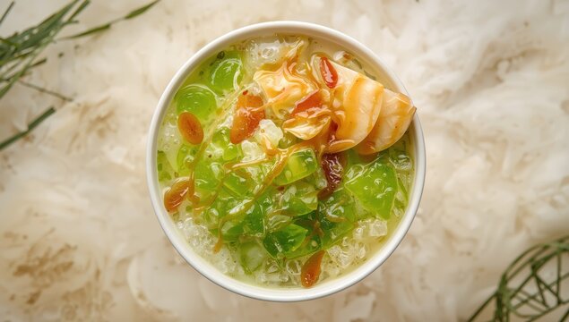 Es Cendol or Es Dawet is traditional iced sweet dessert that contains droplets of pandanus rice flour jelly, coconut milk, palm sugar syrup, and jackfruit as topping. high angle. selective focus