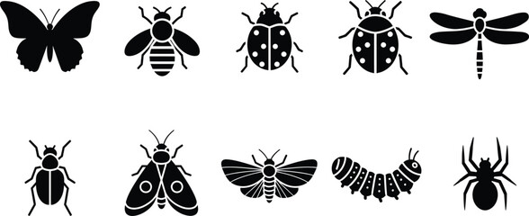 Collection of ten black insect and bug silhouettes including butterfly bee ladybug and spider © MohammadSakhawat