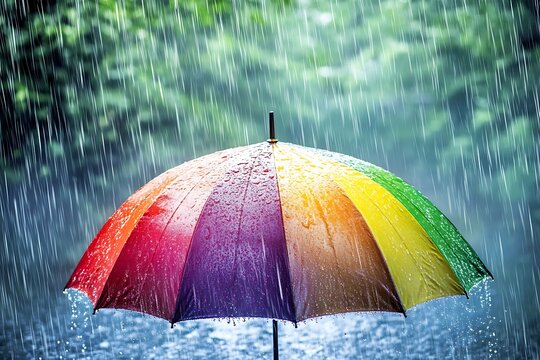 A colorful umbrella stands strong in the rain with vibrant colors shining through the downpour.