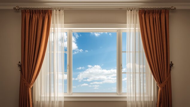 Two curtain rods for sheer day curtains and blackout night curtains, positioned in front of a window with a blue sky