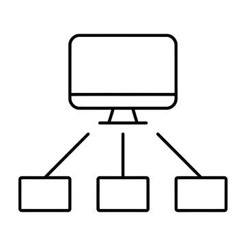 Minimalist black line art icon representing a computer network system with central server connectivity