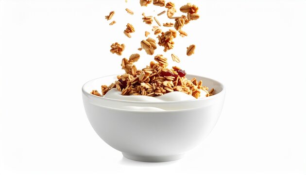 realistic photo of yogurt bowl with granola falling from above
isolated on pure white background, high speed food photography, 8k