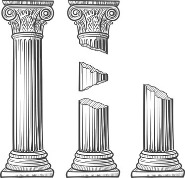 Hand drawn vintage sketch of antique roman columns and broken architectural ruins