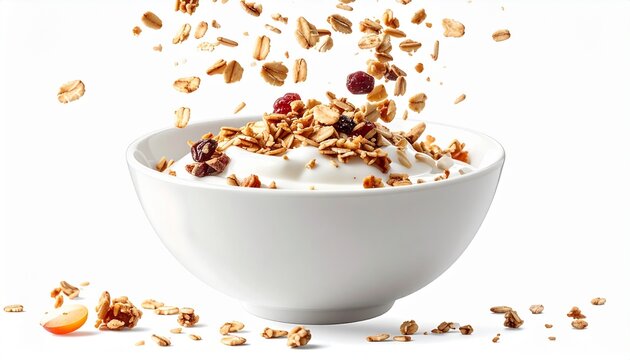 realistic photo of yogurt bowl with granola falling from above
isolated on pure white background, high speed food photography, 8k