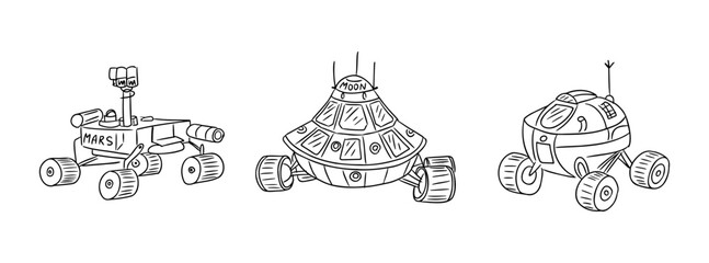 Three illustrated space vehicles featuring a Mars rover, a lunar lander, and a futuristic vehicle, all depicted in a simple black and white style © Olena