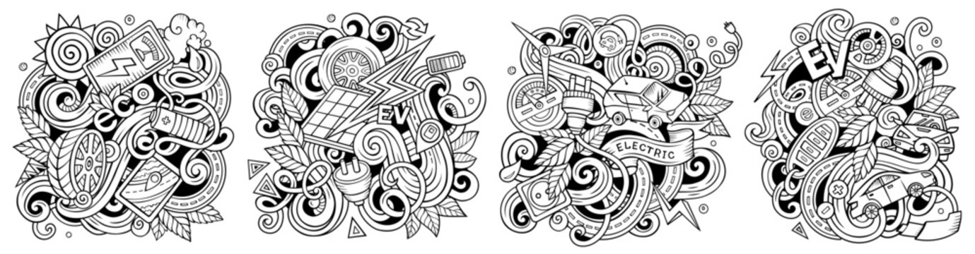 Electric Vehicles cartoon vector doodle designs set. Sketchy detailed compositions with lot of EV objects and symbols