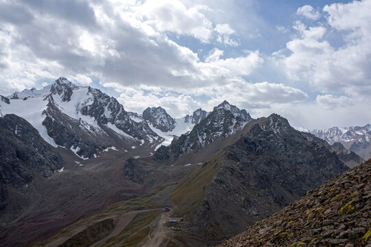 Panoramic view of Nursultan peak 4376m, Abay peak 4460m and Bogdanovich glacier in the high alpine Zailiysky Alatau